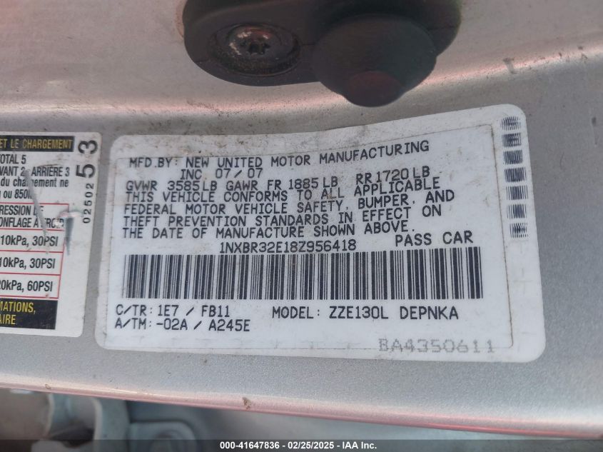 2008 Toyota Corolla Le VIN: 1NXBR32E18Z956418 Lot: 41647836