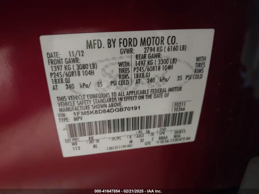 2013 Ford Explorer Xlt VIN: 1FM5K8D84DGB70191 Lot: 41647854