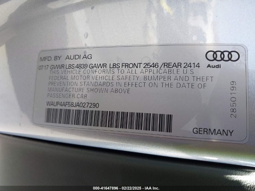 2018 Audi S5 3.0T Premium Plus VIN: WAUP4AF58JA027290 Lot: 41647896