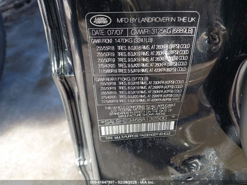 2008 Land Rover Range Rover Sport Supercharged VIN: SALSH23468A132500 Lot: 41647907