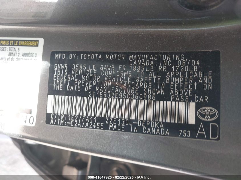 2005 Toyota Corolla Ce VIN: 2T1BR32E95C360986 Lot: 41647925