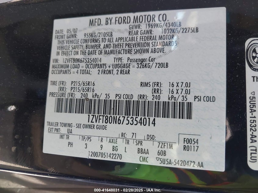 2007 FORD MUSTANG VIN: 1ZVFT80N675354014