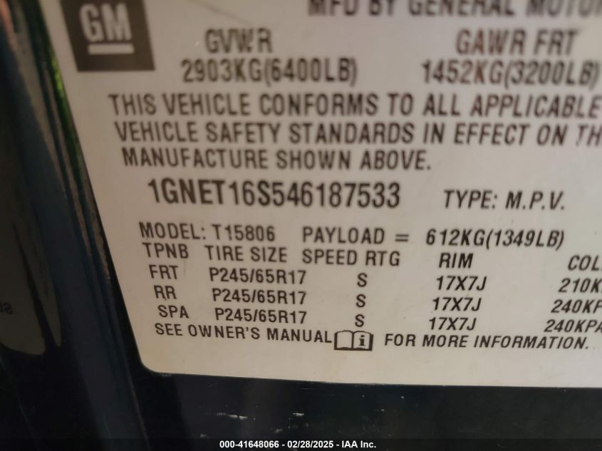 2004 Chevrolet Trailblazer Ext Lt VIN: 1GNET16S546187533 Lot: 41648066