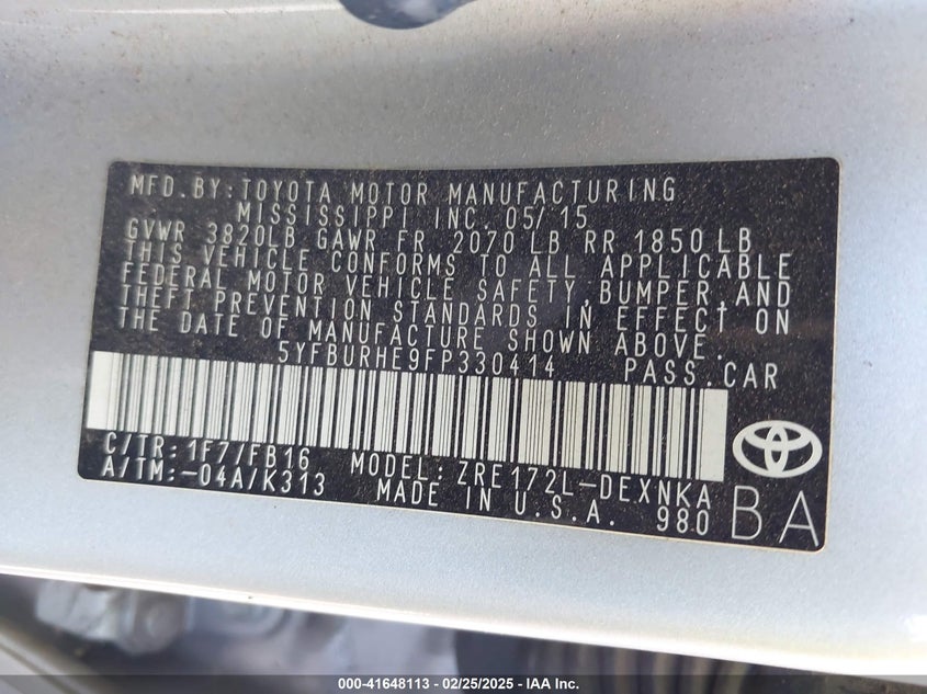 2015 TOYOTA COROLLA VIN: 5YFBURHE9FP330414