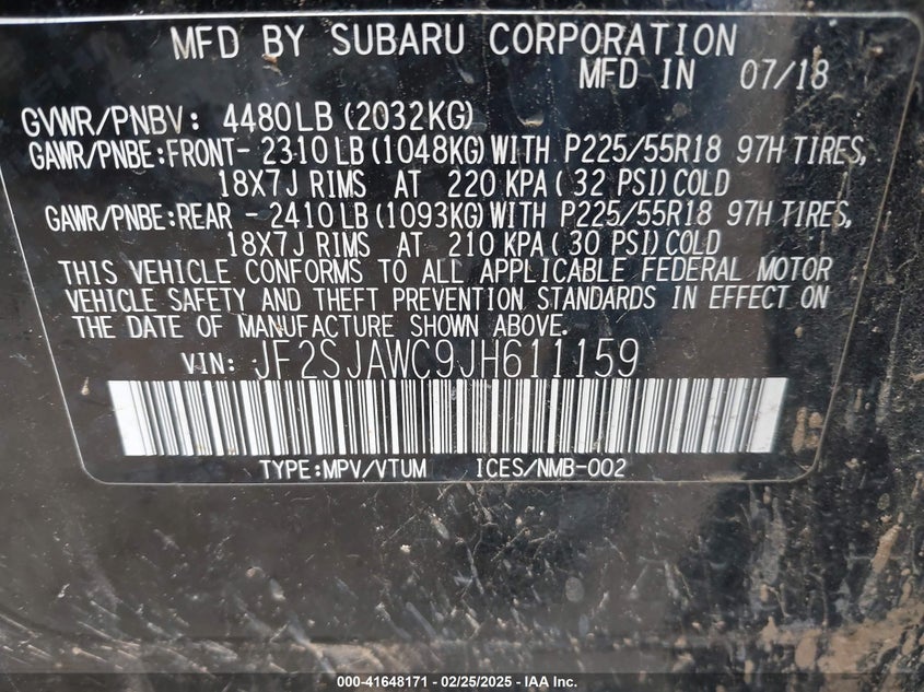 2018 SUBARU FORESTER VIN: JF2SJAWC9JH611159