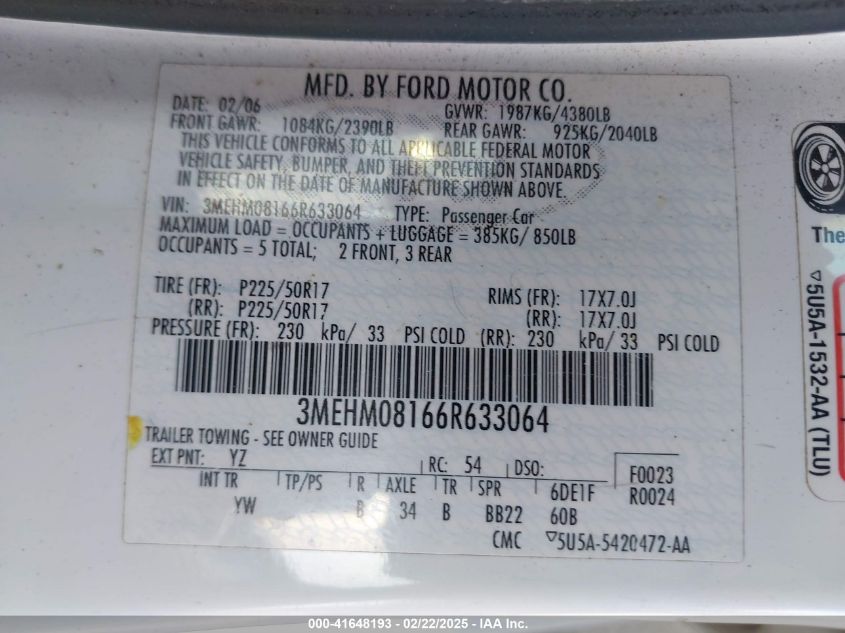 2006 Mercury Milan V6 Premier VIN: 3MEHM08166R633064 Lot: 41648193