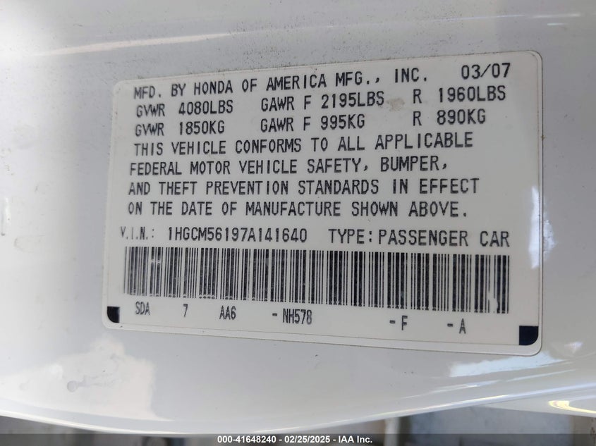 2007 HONDA ACCORD VIN: 1HGCM56197A141640