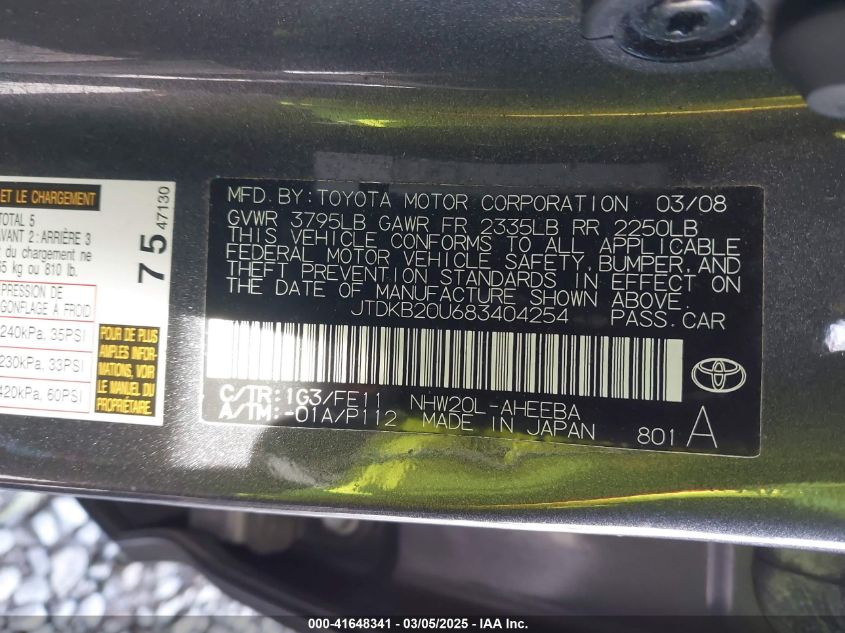 2008 Toyota Prius VIN: JTDKB20U683404254 Lot: 41648341