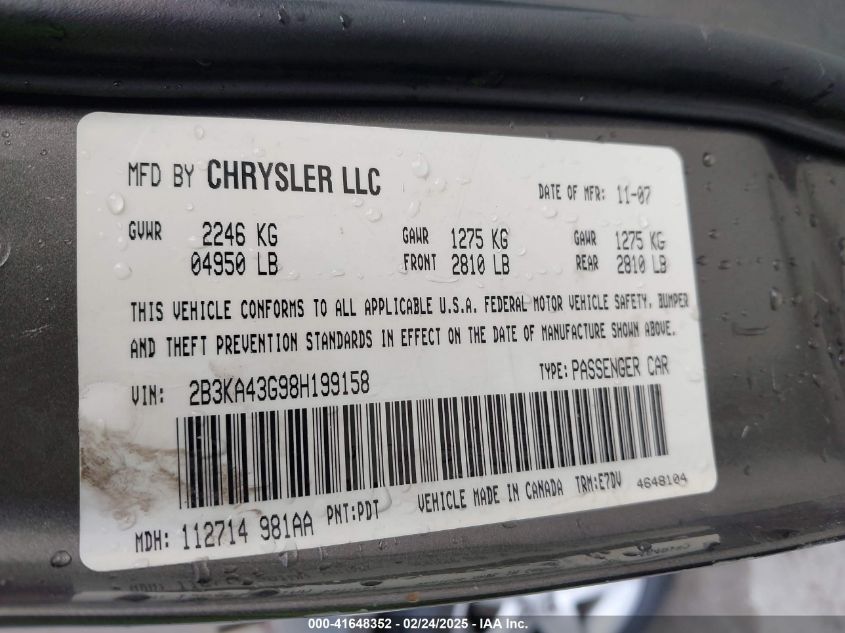 2008 Dodge Charger VIN: 2B3KA43C98H199158 Lot: 41648352