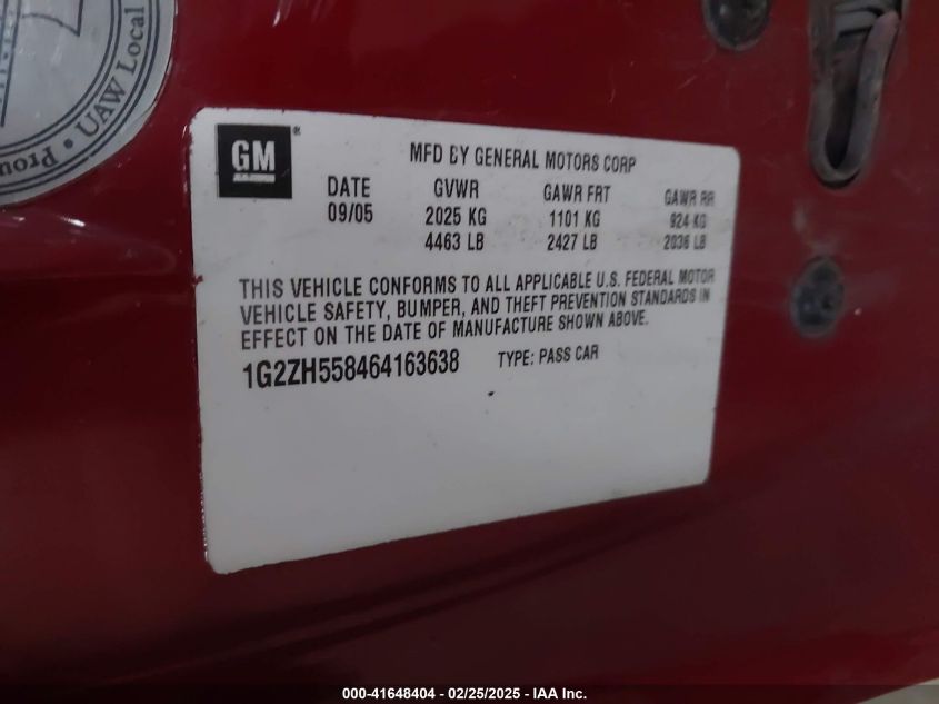 2006 Pontiac G6 Gt VIN: 1G2ZH558464163638 Lot: 41648404