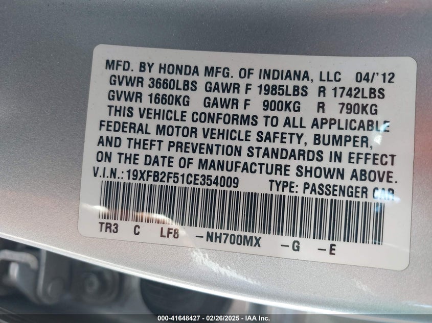 2012 HONDA CIVIC VIN: 19XFB2F51CE354009