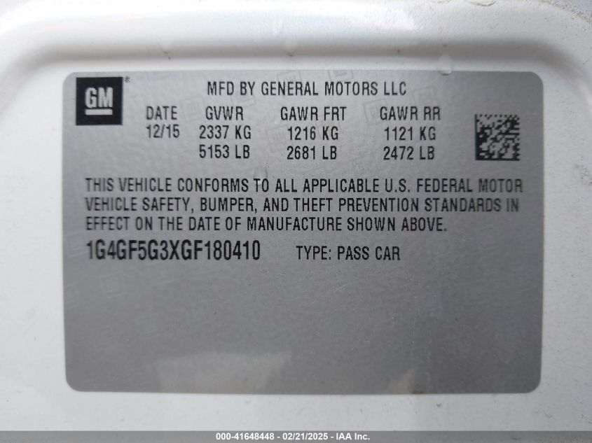 2016 Buick Lacrosse Premium Ii VIN: 1G4GF5G3XGF180410 Lot: 41648448