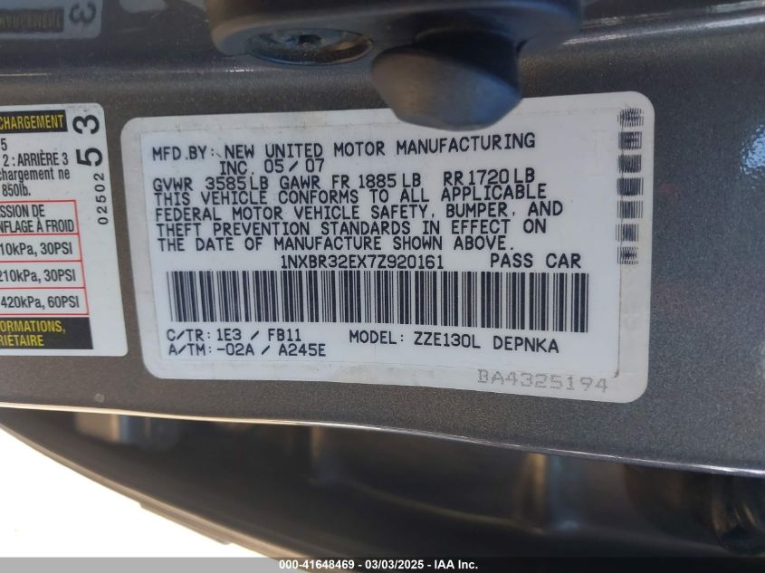 2007 Toyota Corolla Le VIN: 1NXBR32EX7Z920161 Lot: 41648469