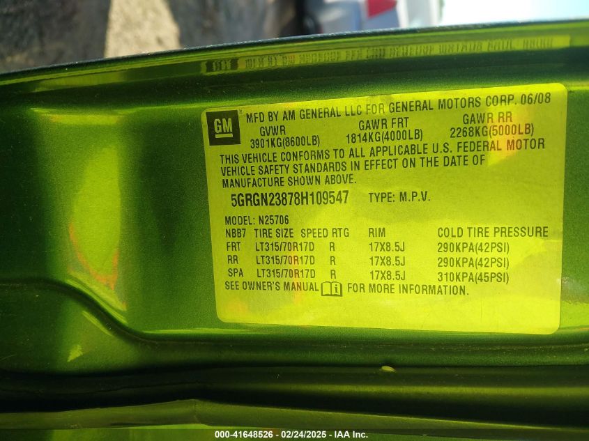 2008 Hummer H2 Suv VIN: 5GRGN23878H109547 Lot: 41648526