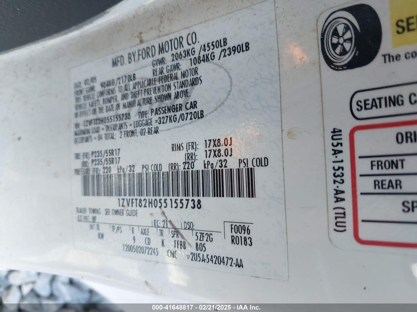 2005 Ford Mustang Gt Deluxe/Gt Premium VIN: 1ZVFT82H055155738 Lot: 41648817