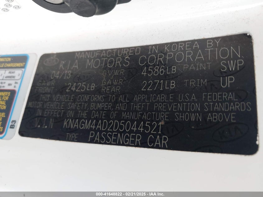 2013 KIA OPTIMA HYBRID VIN: KNAGM4AD2D5044521