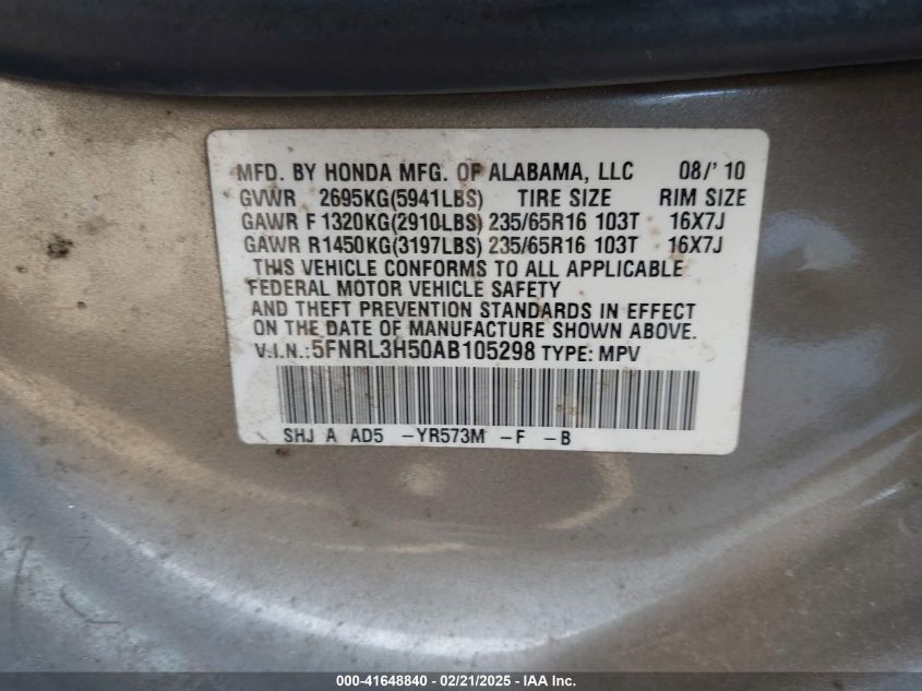 2010 Honda Odyssey Ex VIN: 5FNRL3H50AB105298 Lot: 41648840