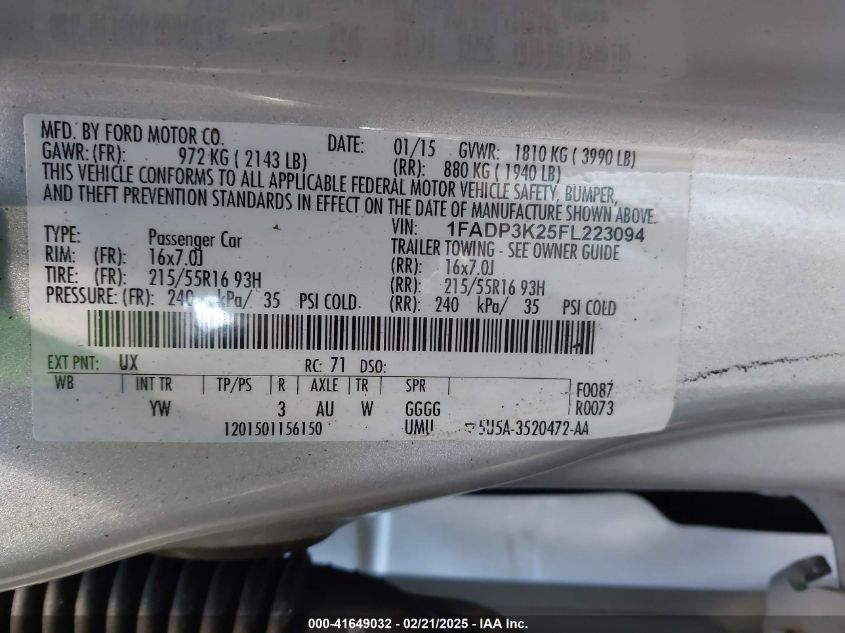 2015 Ford Focus Se VIN: 1FADP3K25FL223094 Lot: 41649032