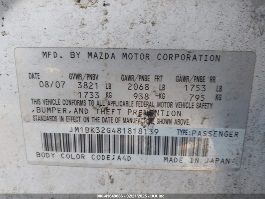 2008 Mazda Mazda3 I VIN: JM1BK32G481818139 Lot: 41649066