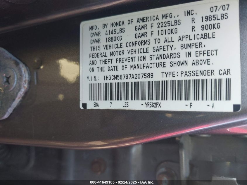 2007 Honda Accord 2.4 Ex VIN: 1HGCM56797A207589 Lot: 41649105