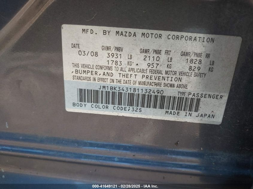 2008 Mazda Mazda3 S Grand Touring VIN: JM1BK343181132490 Lot: 41649121