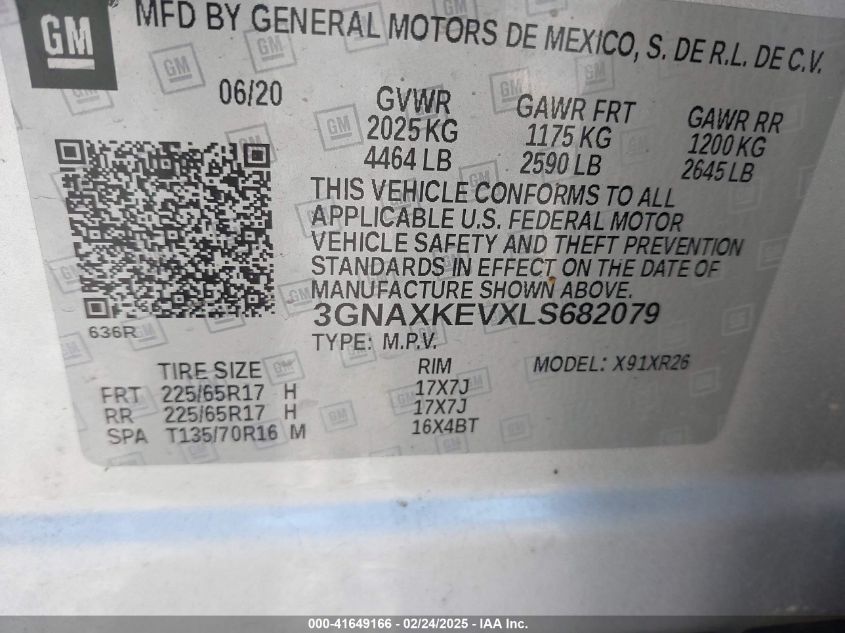 2020 Chevrolet Equinox Fwd Lt 1.5L Turbo VIN: 3GNAXKEVXLS682079 Lot: 41649166