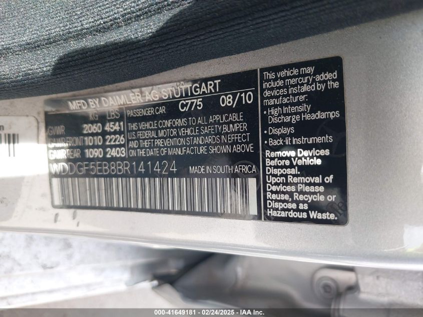 2011 Mercedes-Benz C 300 Luxury/Sport VIN: WDDGF5EB8BR141424 Lot: 41649181
