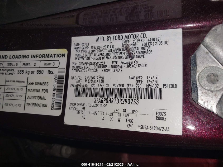 2013 FORD FUSION VIN: 3FA6P0HR1DR290253