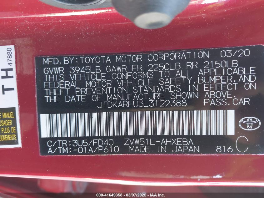 2020 Toyota Prius Le VIN: JTDKARFU3L3122388 Lot: 41649358
