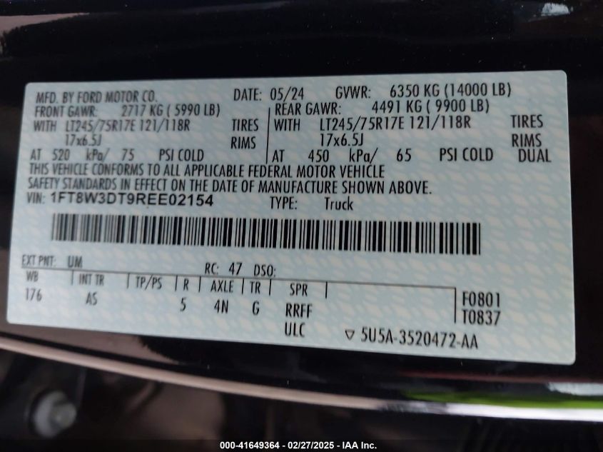 2024 Ford F-350 Xl VIN: 1FT8W3DT9REE02154 Lot: 41649364