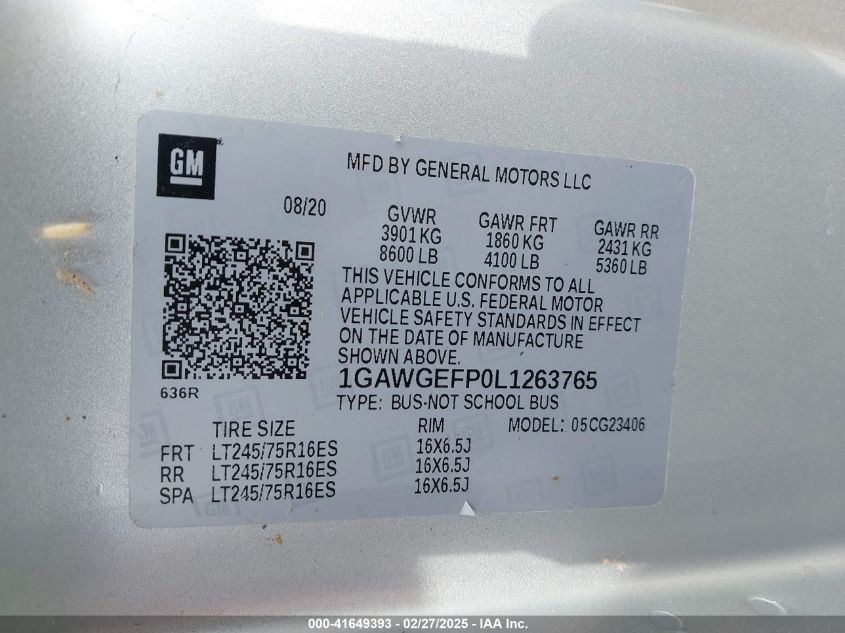 2020 Chevrolet Express Passenger Rwd 2500 Regular Wheelbase Ls VIN: 1GAWGEFP0L1263765 Lot: 41649393