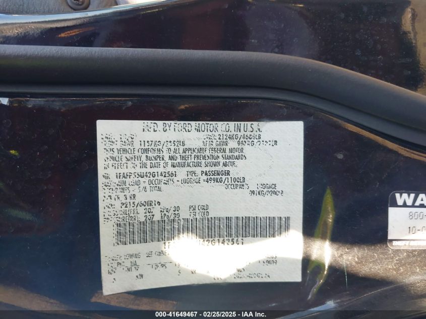 2002 Ford Taurus Ses VIN: 1FAFP55U42G142561 Lot: 41649467