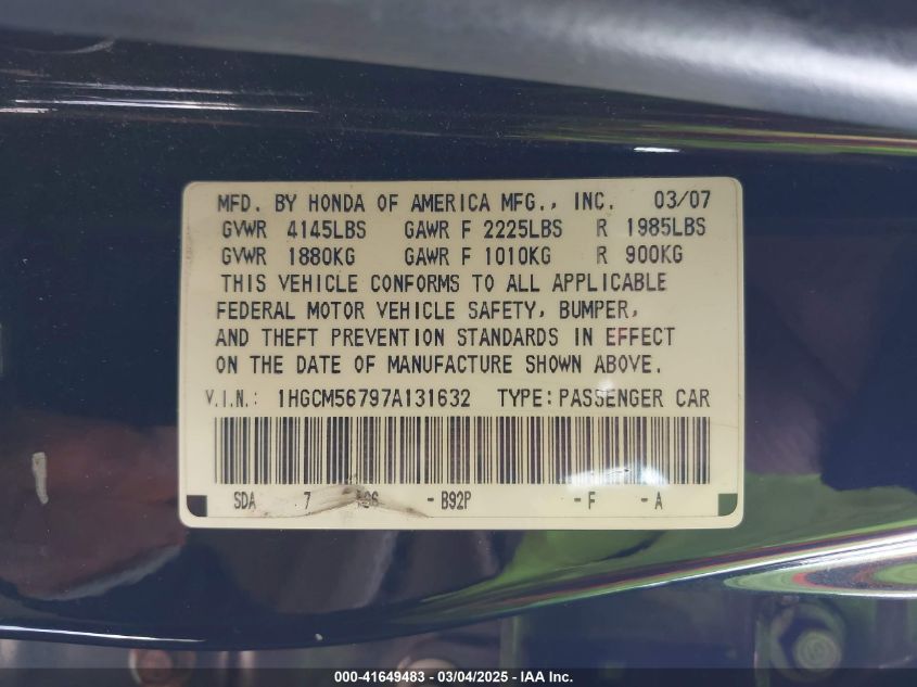 2007 Honda Accord 2.4 Ex VIN: 1HGCM56797A131632 Lot: 41649483
