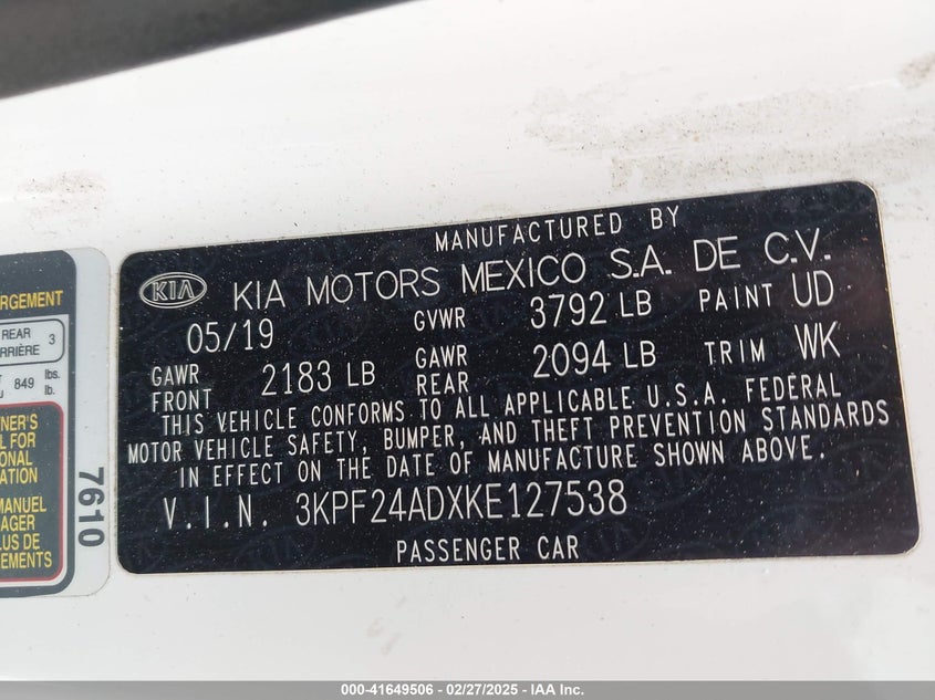 2019 KIA FORTE VIN: 3KPF24ADXKE127538