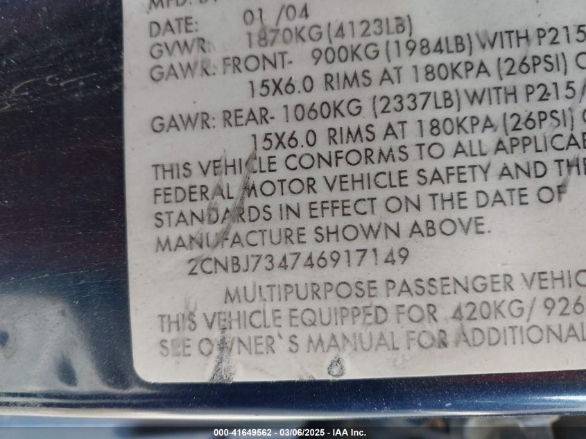 2004 Chevrolet Tracker Zr2 VIN: 2CNBJ734746917149 Lot: 41649562