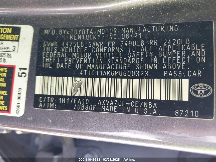 2021 TOYOTA CAMRY VIN: 4T1C11AK6MU600323