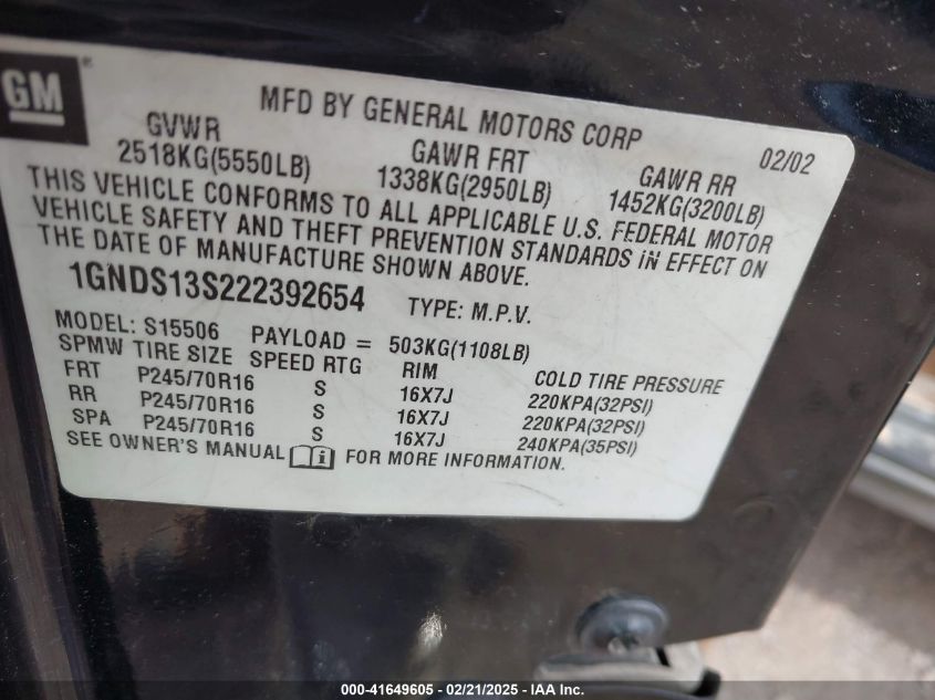 2002 Chevrolet Trailblazer Ls VIN: 1GNDS13S222392654 Lot: 41649605