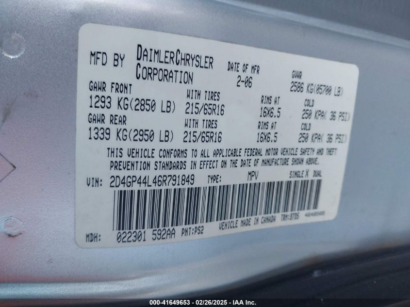 2006 Dodge Grand Caravan Sxt VIN: 2D4GP44L46R791849 Lot: 41649653