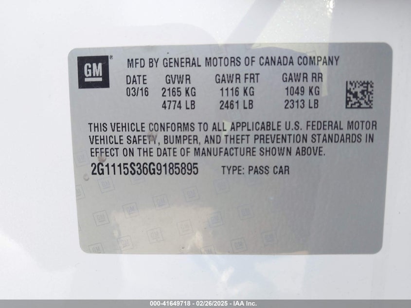 2016 CHEVROLET IMPALA VIN: 2G1115S36G9185895
