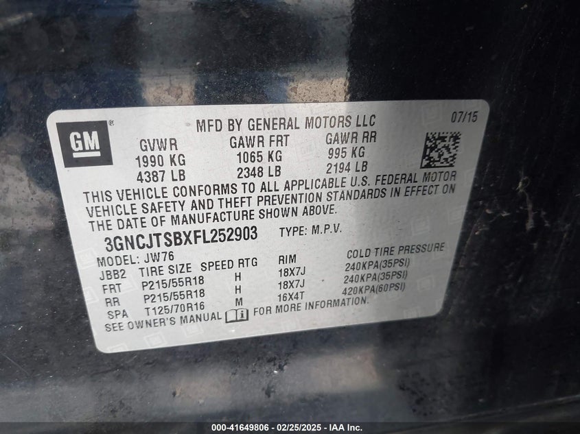 2015 CHEVROLET TRAX VIN: 3GNCJTSBXFL252903