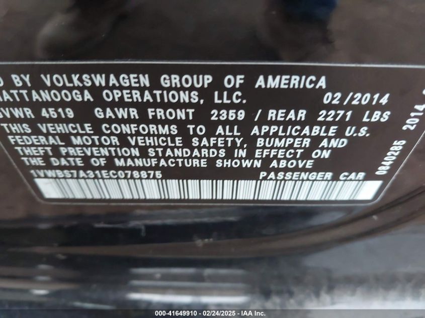 2014 Volkswagen Passat 1.8T Se VIN: 1VWBS7A31EC078875 Lot: 41649910