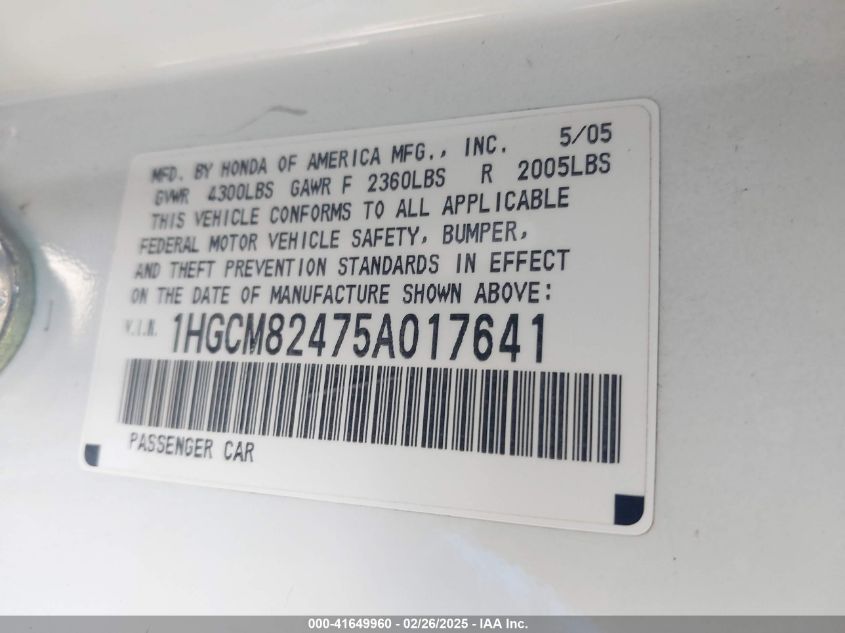 2005 Honda Accord 3.0 Lx Special Edition VIN: 1HGCM82475A017641 Lot: 41649960