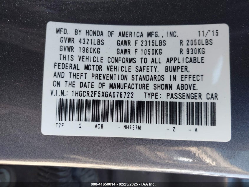 2016 HONDA ACCORD VIN: 1HGCR2F5XGA076722