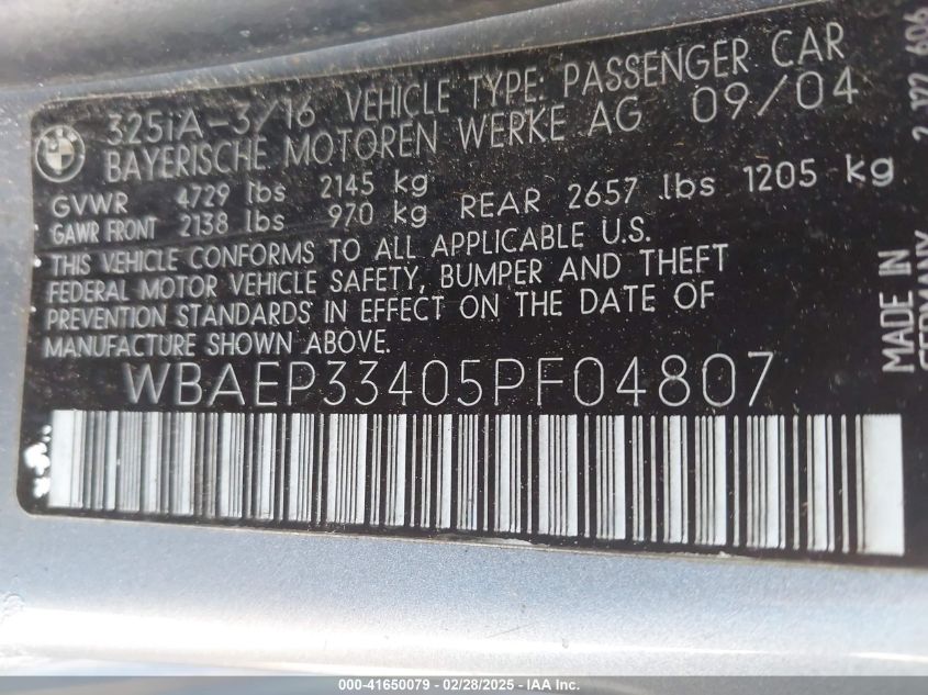 2005 BMW 325Xit VIN: WBAEP33405PF04807 Lot: 41650079