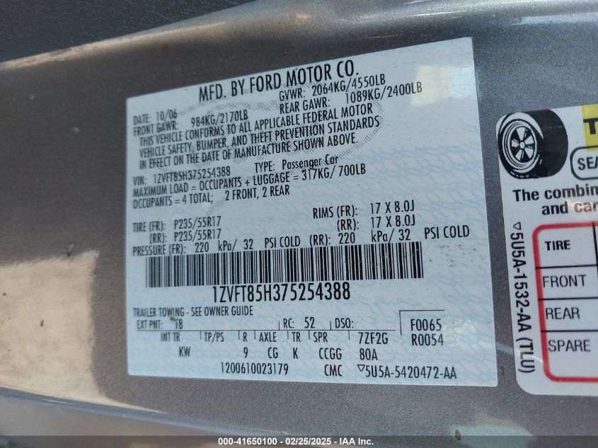 2007 Ford Mustang Gt Deluxe/Gt Premium VIN: 1ZVFT85H375254388 Lot: 41650100