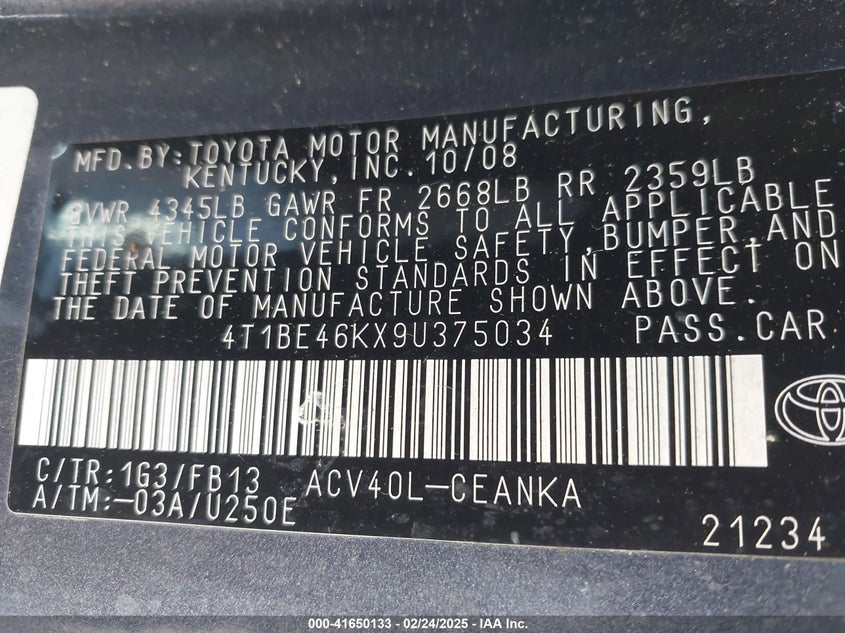 2009 TOYOTA CAMRY VIN: 4T1BE46KX9U375034