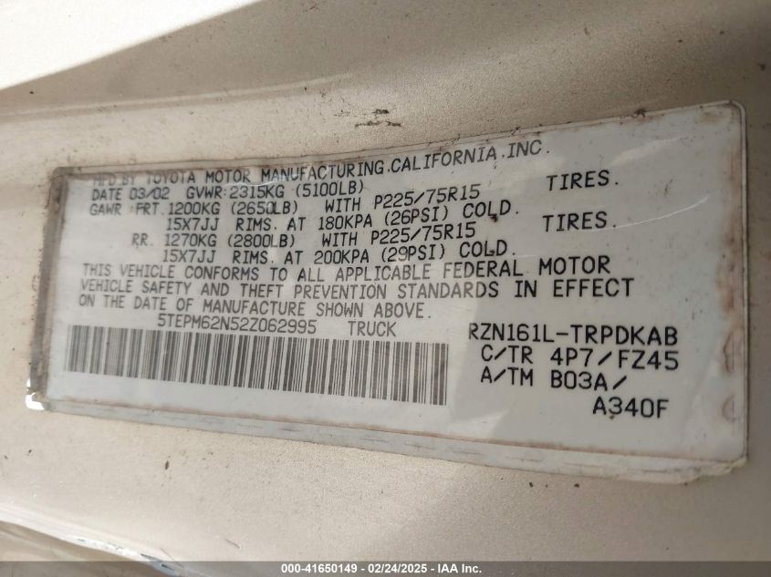 2002 Toyota Tacoma VIN: 5TEPM62N52Z062995 Lot: 41650149