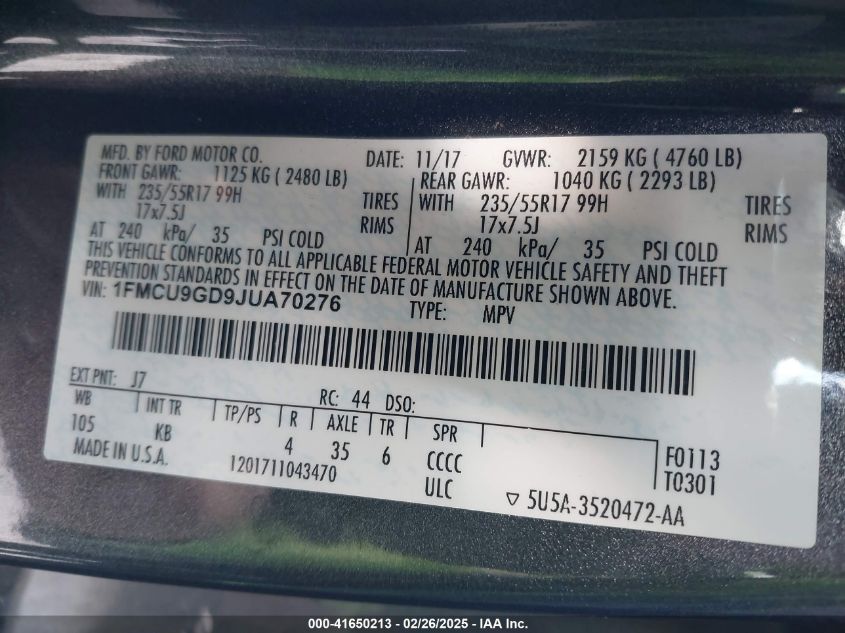 2018 Ford Escape Se VIN: 1FMCU9GD9JUA70276 Lot: 41650213