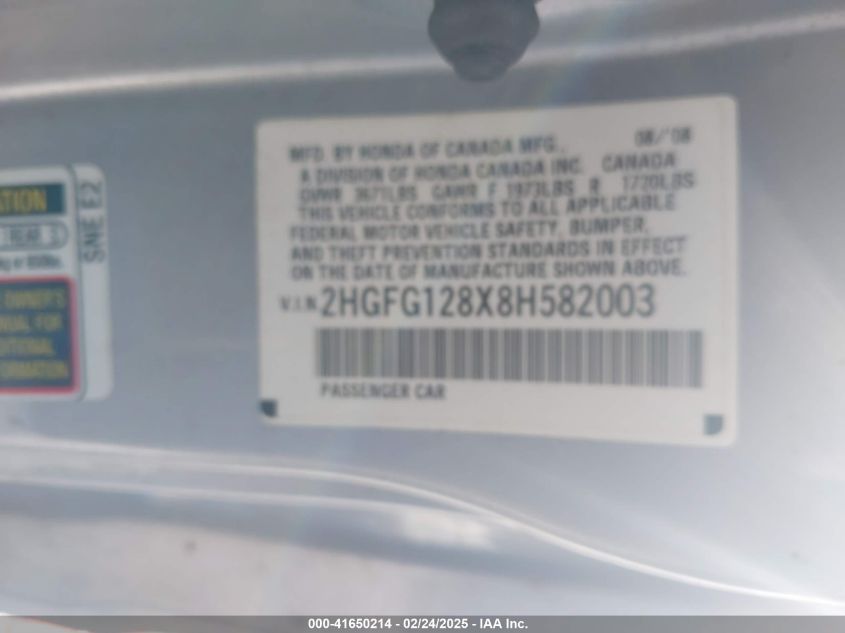 2008 Honda Civic Ex VIN: 2HGFG128X8H582003 Lot: 41650214