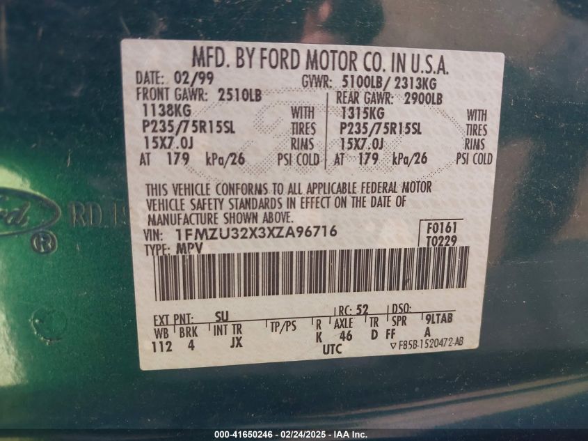 1999 Ford Explorer Xl/Xlt VIN: 1FMZU32X3XZA96716 Lot: 41650246